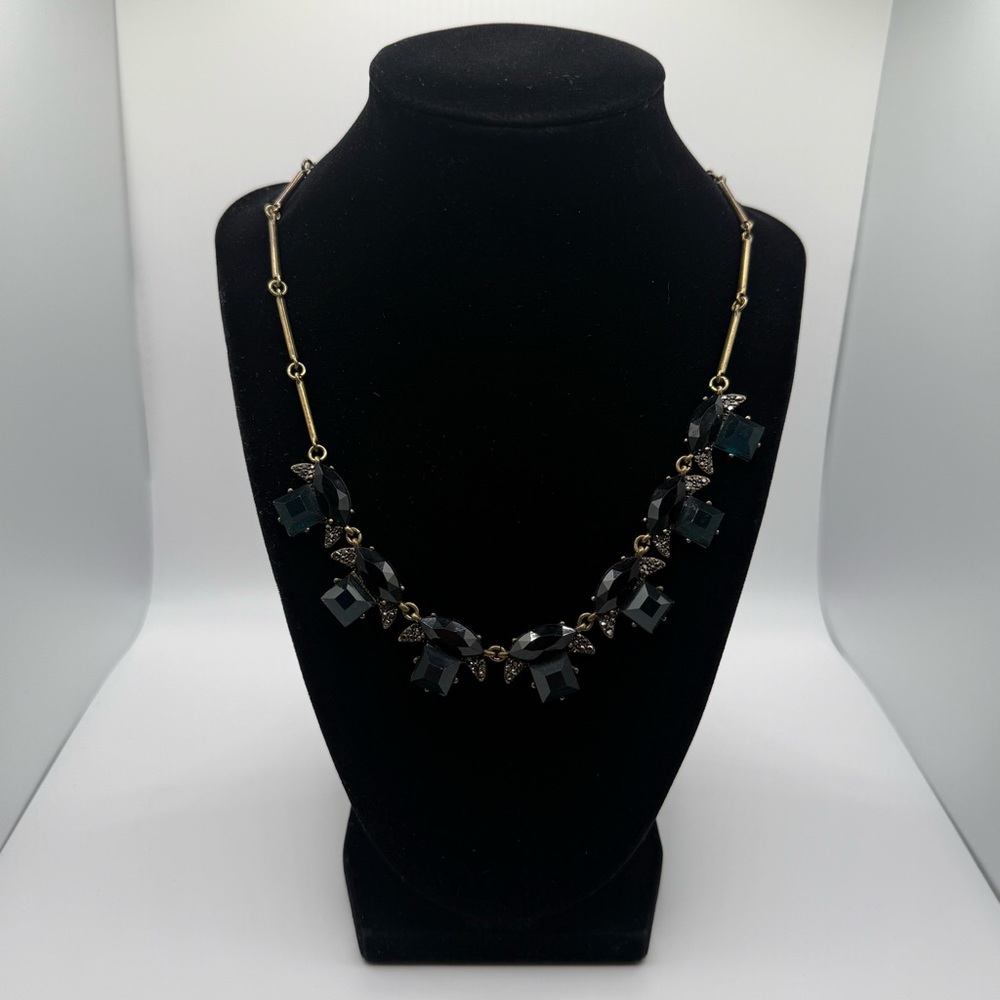 J Crew Gold Tone Black and Blue Rhinestone Necklace